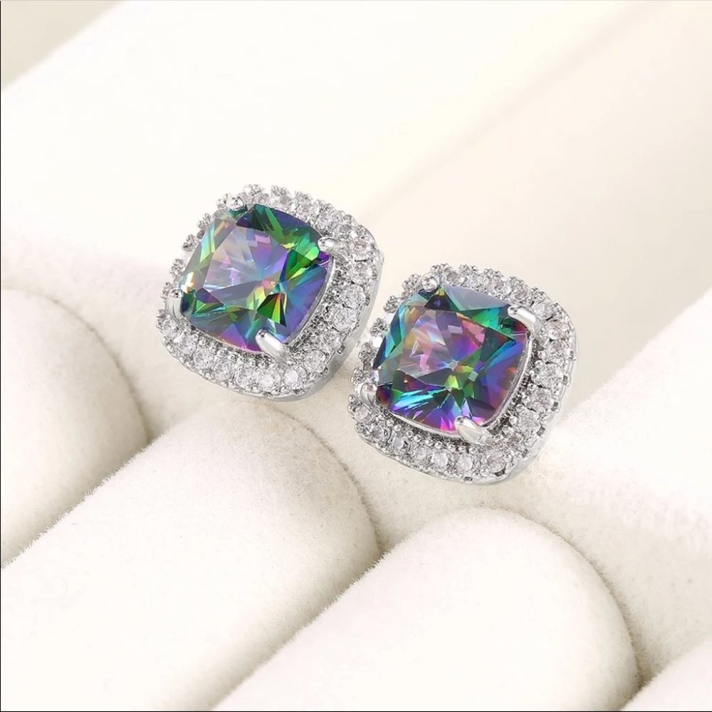 New Rainbow Square Cut Unisex Diamond Earrings - Picture 5 of 6